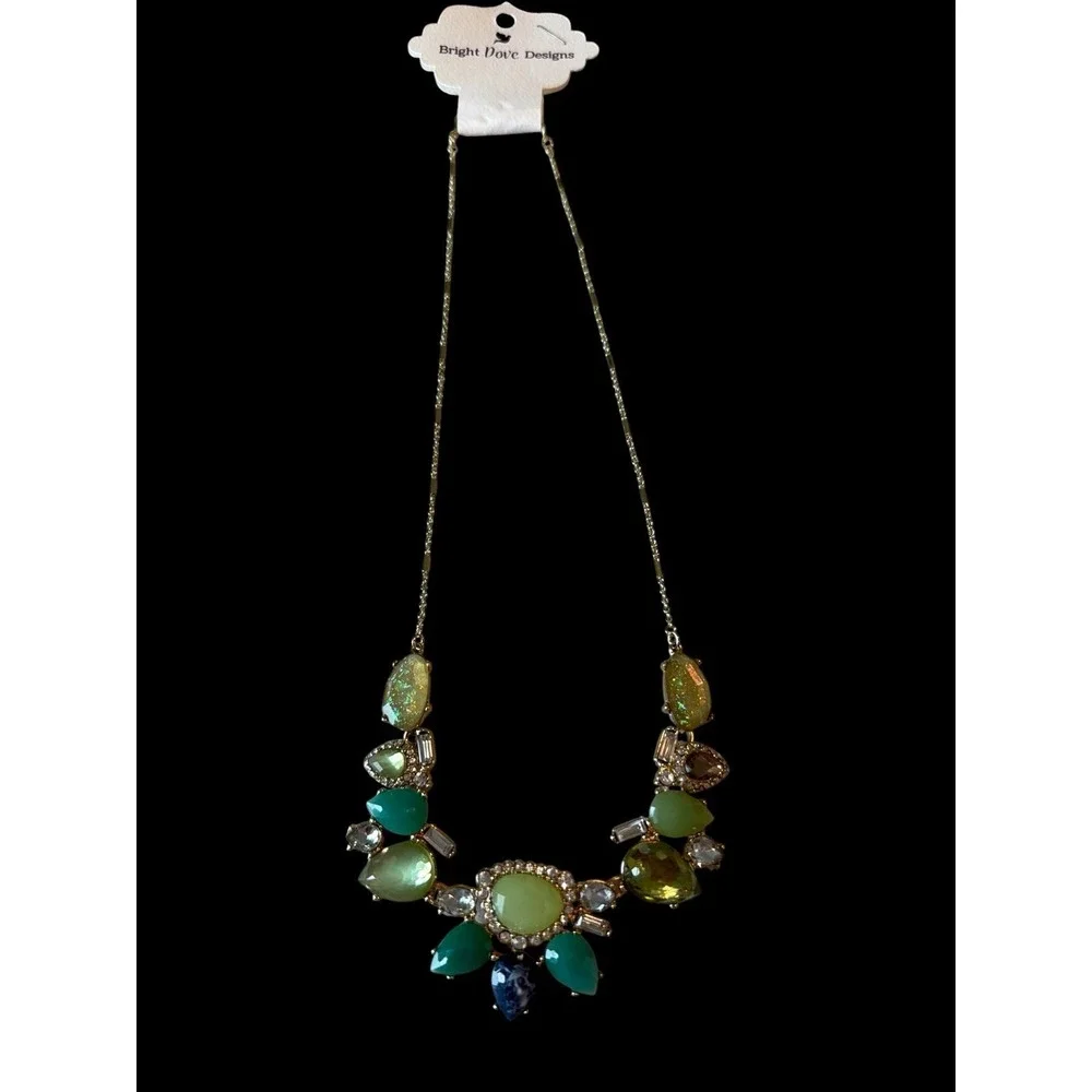Bright Dove Designs Statement Necklace Green Teal Crystal Rhinestone Bib Necklac